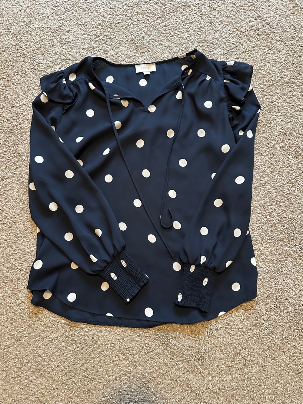 LOFT Navy and White Polka Dot Tie-Neck Blouse